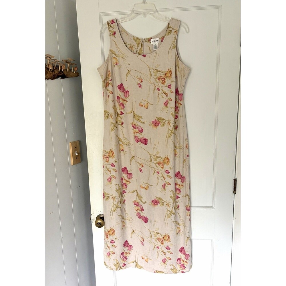Vintage 90s Y2K Liz Baker Linen Tan Floral Cottagecore Maxi Dress Sz 14